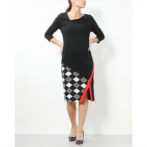 Homeyee Asymmetric Neck Patchwork Geometric Midi Dress, Size 10